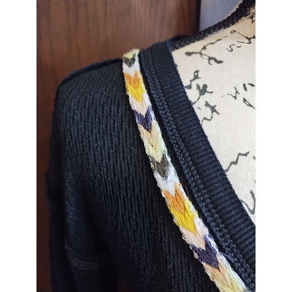 We The Free People Black Embroidered Waffle Thermal Henley Top Small Boho Aztec - Picture 3 of 7